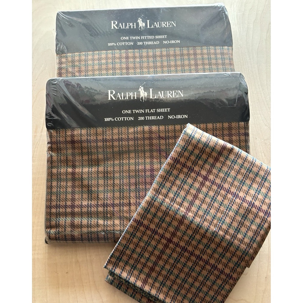 Vtg Ralph Lauren Churchill Multi Plaid Twin Sheet Set NIP 1987 Cotton Brown
